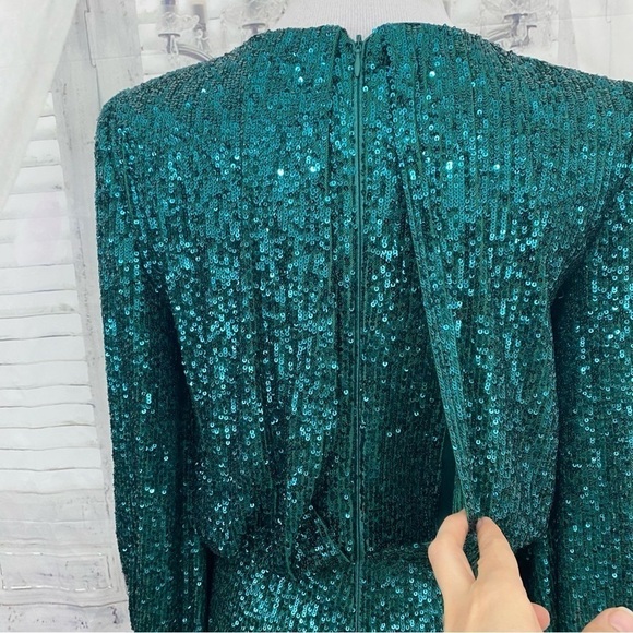 NWT Vince Camuto Size 6 Green 3/4 Balloon Sleeve Crew Neck Sequin Dress Sheath - Picture 9 of 14